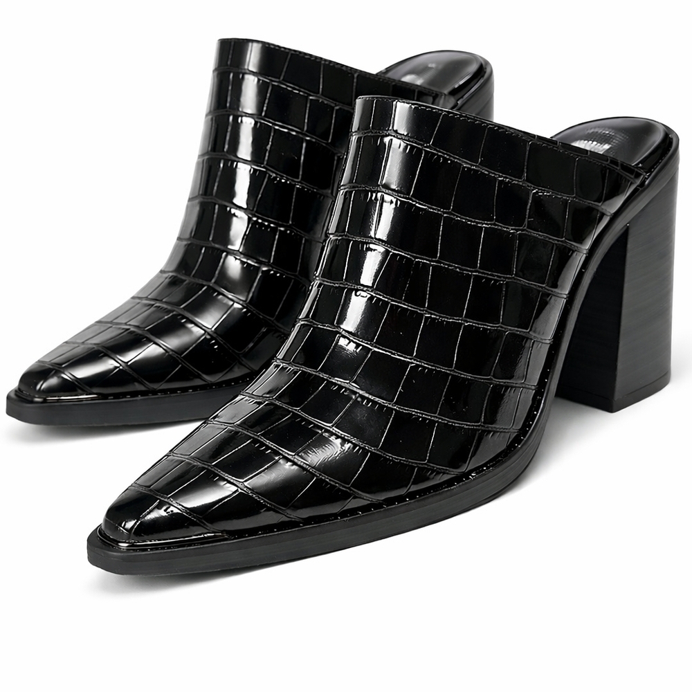 Steve Madden Alanna Black Croc Block Heel Mules Sz:6 Office Western Goth Punk[1E